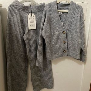 Knit matching cardigan and pant set